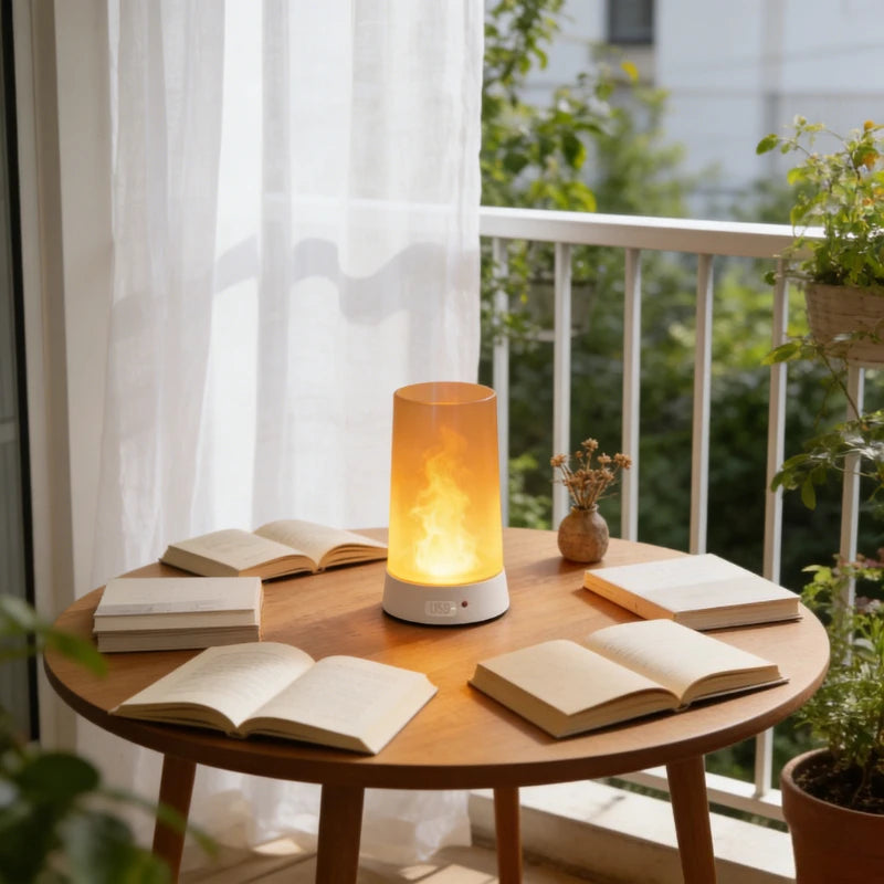 Flame table lamp on a balcony table with books and a potted plant