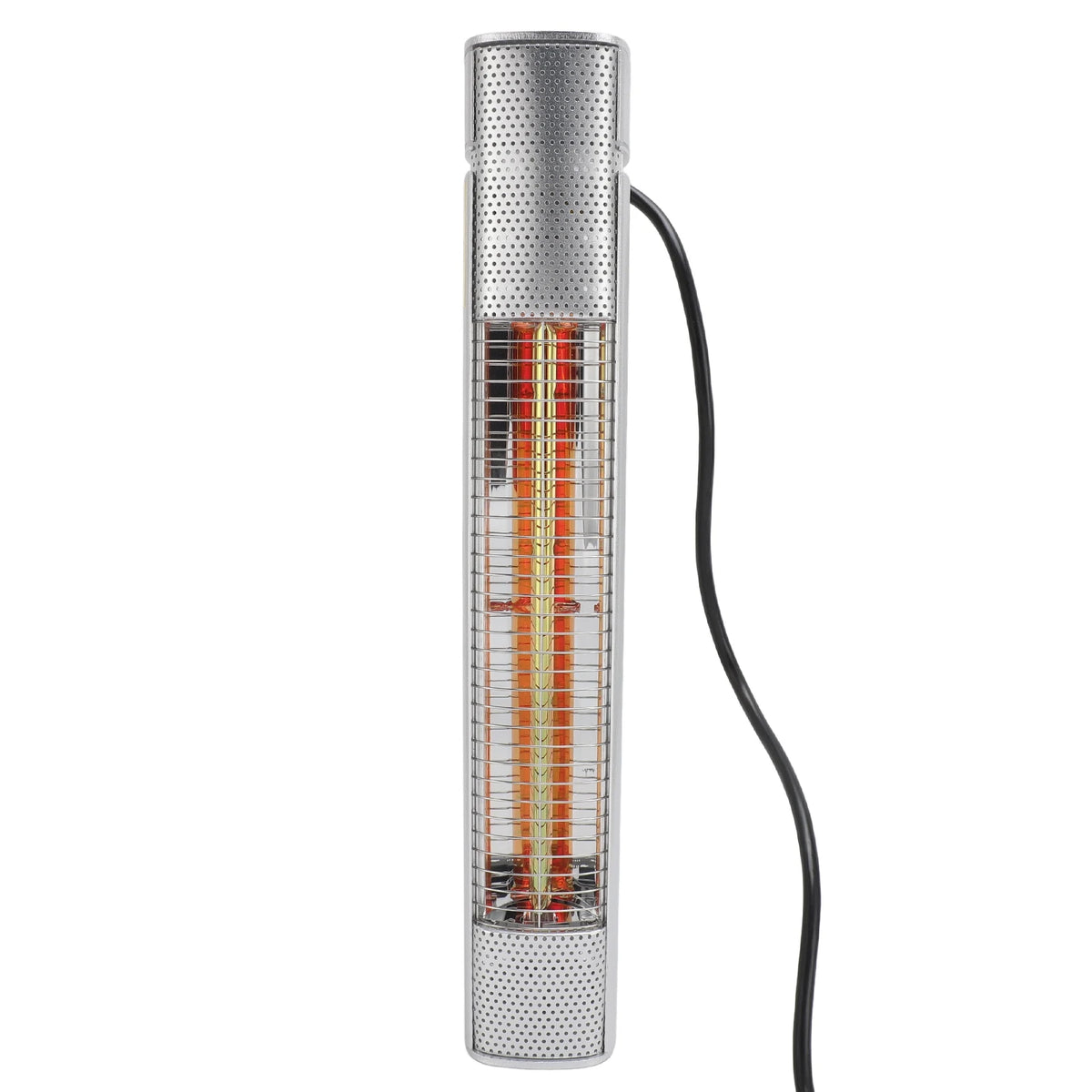 Aluminium-alloy infrared patio heater standing upright with its power cord