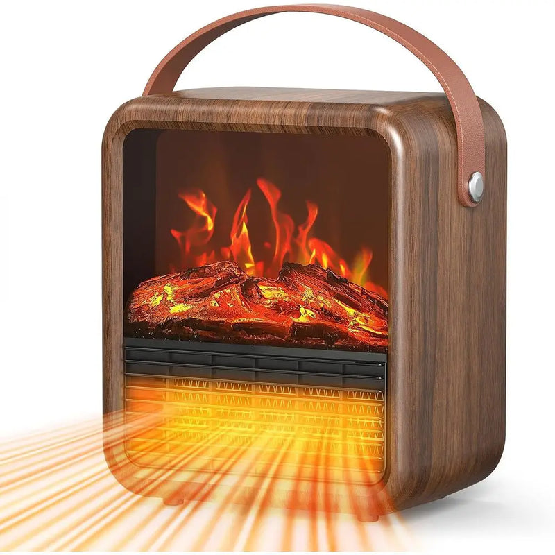 Small wood-look electric fireplace space heater with 3D flame and leather handle