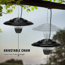 Two hanging patio heaters suspended from a pergola beam on adjustable chains