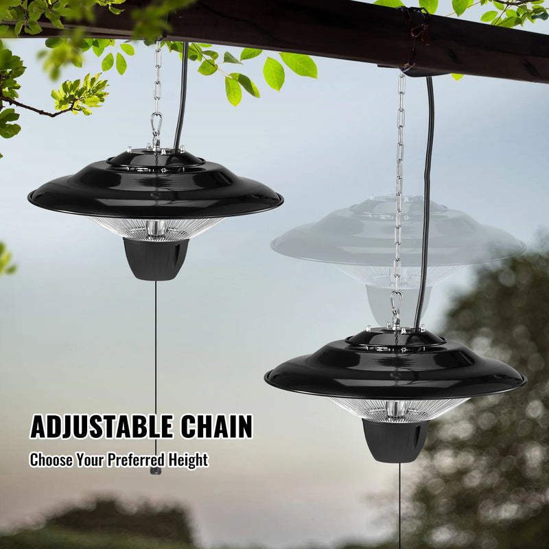Two hanging patio heaters suspended from a pergola beam on adjustable chains