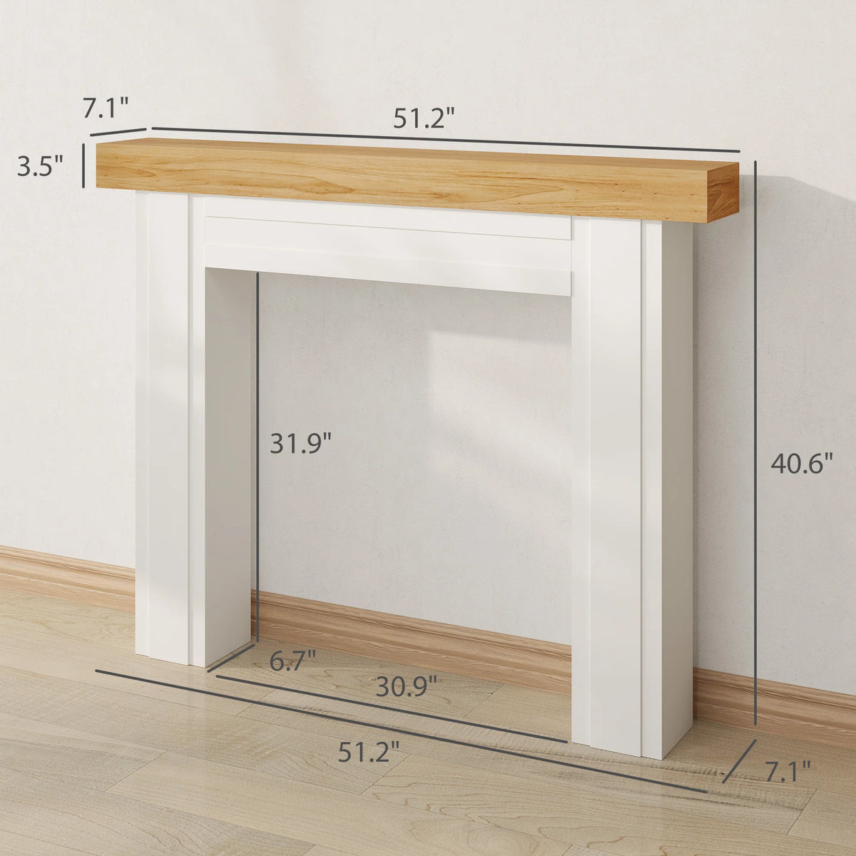 Fireplace mantel surround dimensions: 51.2 inches wide, 40.6 inches tall, 7.1 inches deep