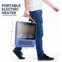Blue portable electric fireplace space heater with 3D flame effect, view 2
