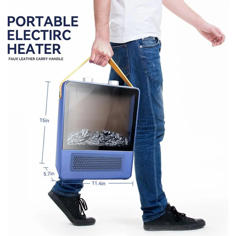 Blue portable electric fireplace space heater with 3D flame effect, view 2