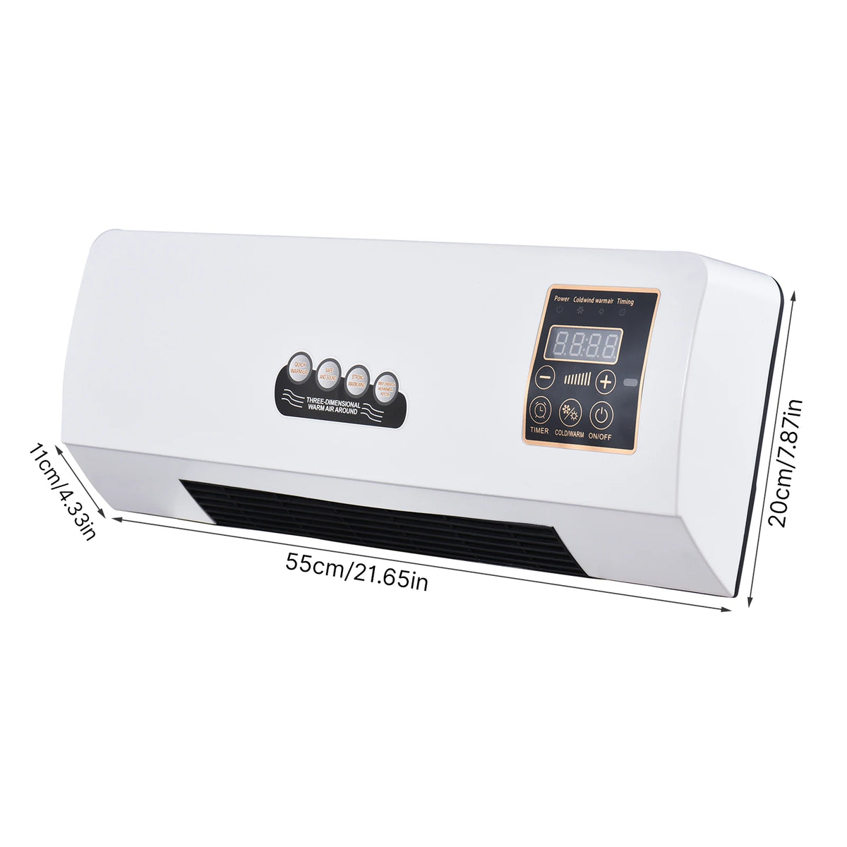 Wall-mounted heater and fan combo dimensions, 21.65 by 7.87 by 5.9 inches