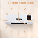 Wall-mounted heater and fan combo showing the 0 to 6 hour timer range