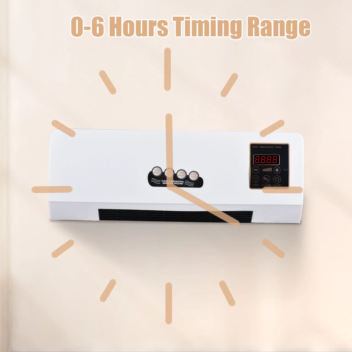 Wall-mounted heater and fan combo showing the 0 to 6 hour timer range