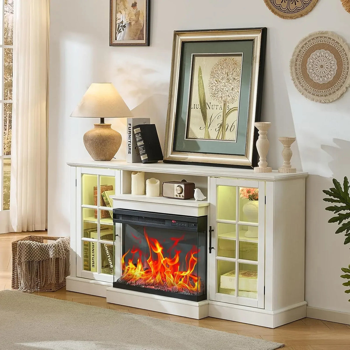59 Inch Electric Fireplace TV Stand, Modern Media Console Entertainment Center, Storage Cabinets for Living Rooms