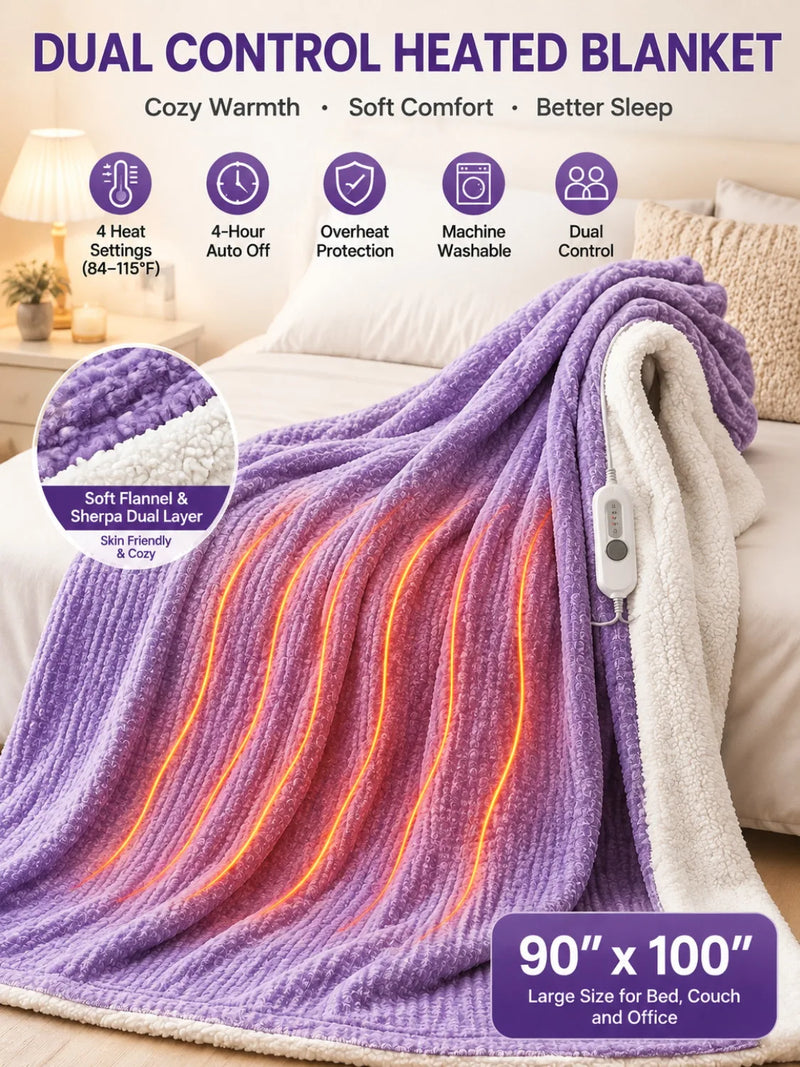 90x100 inch sherpa heated electric blanket with 4 heat settings