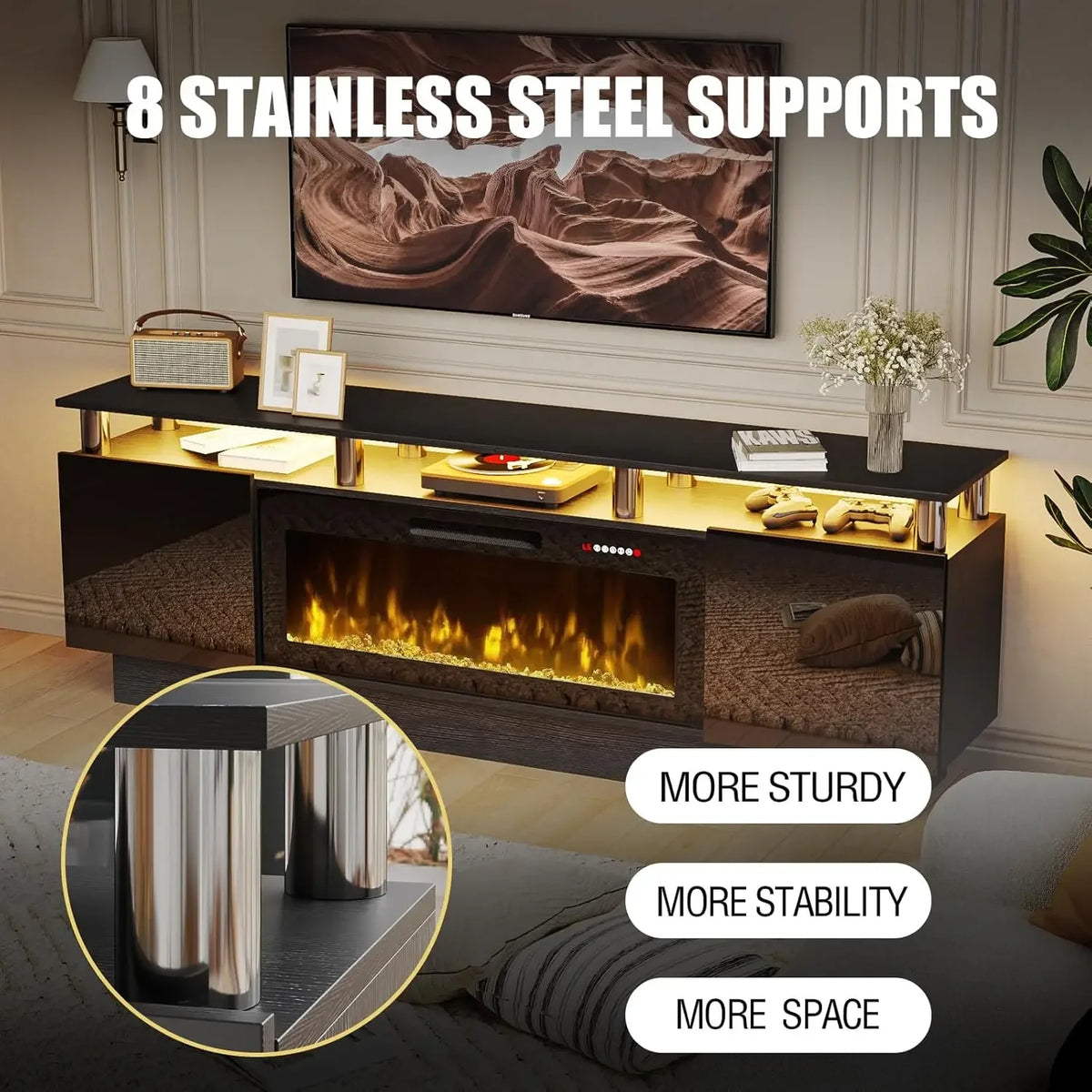 70 inch fireplace TV stand with stainless steel supports