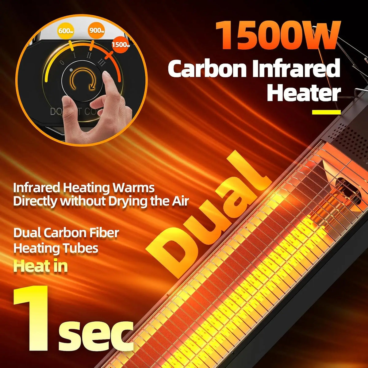 1500W carbon infrared patio heater with dual heating tubes that warm in about one second