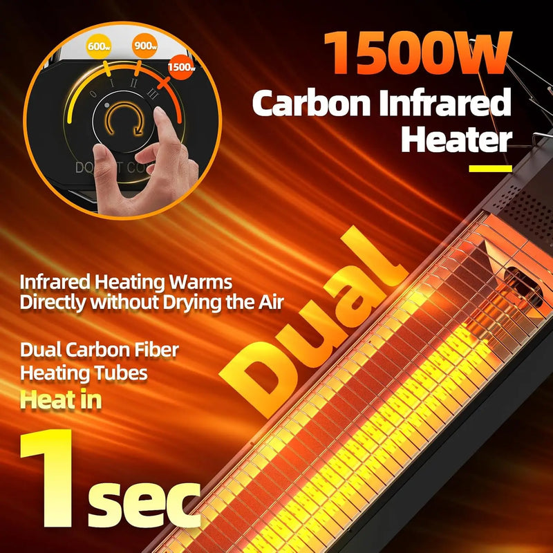 1500W carbon infrared patio heater with dual heating tubes that warm in about one second