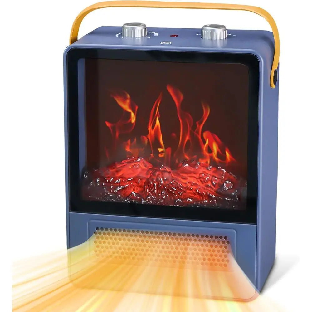 Blue portable electric fireplace space heater with 3D flame effect