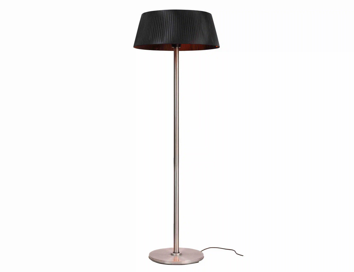 Freestanding patio heater shown from the side with its power cable