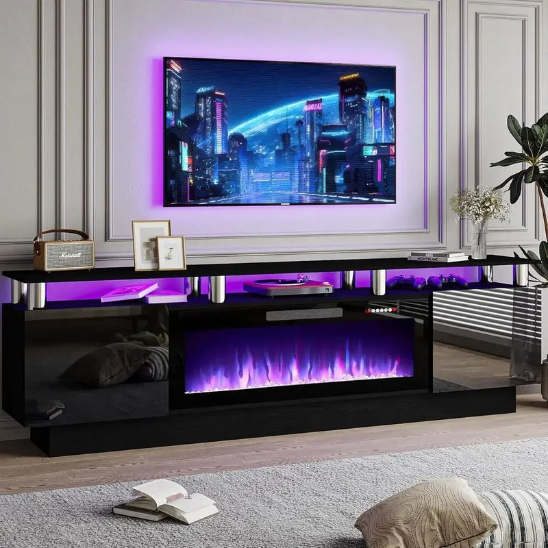 70 inch high-gloss fireplace TV stand with LED lighting