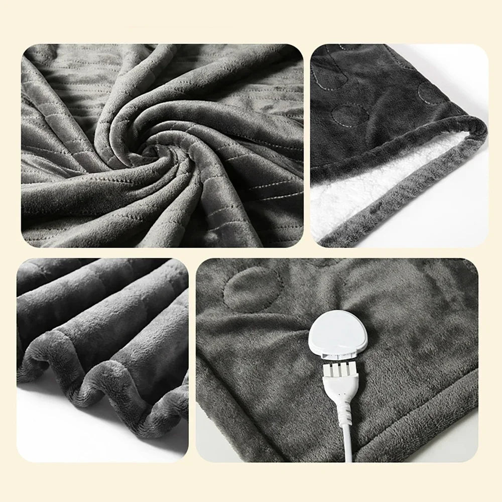Close-up of the grey flannel and sherpa fabric of the heated blanket
