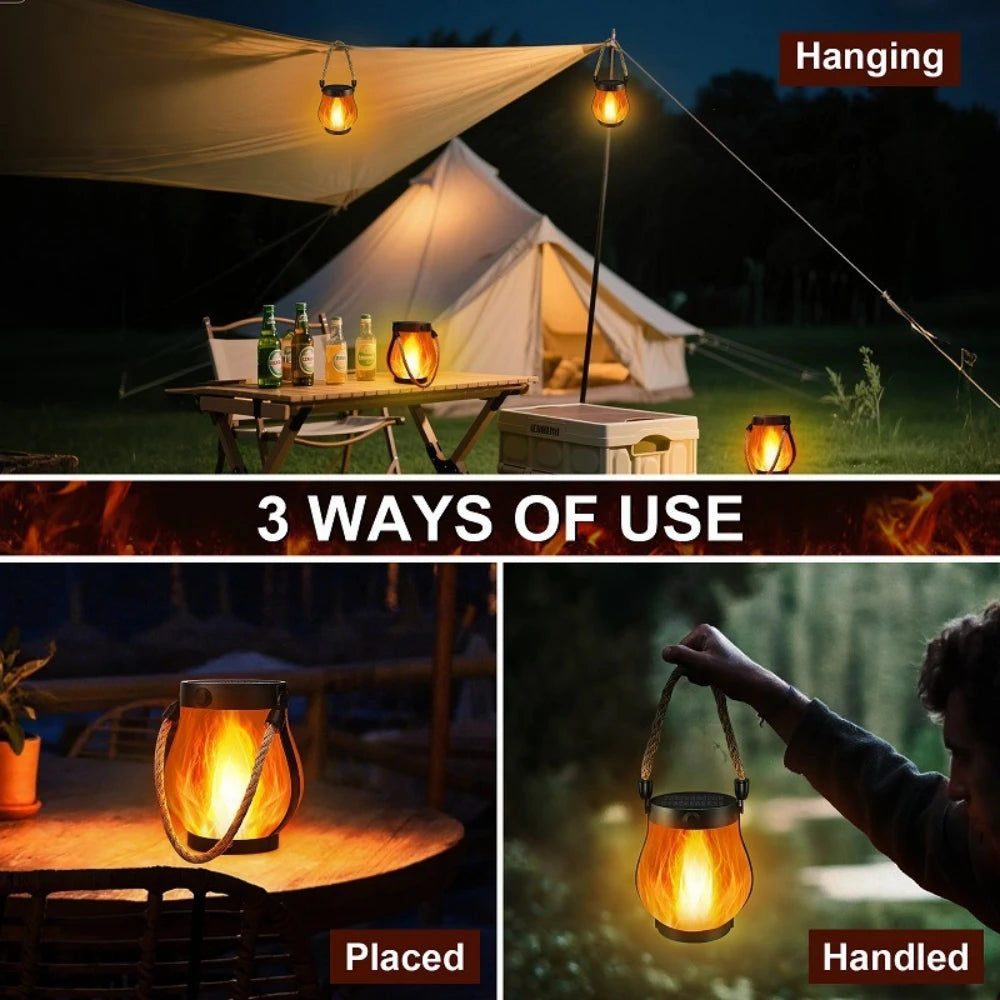 Three ways to use the lantern: hung from a hook, placed on a table, or carried by the handle