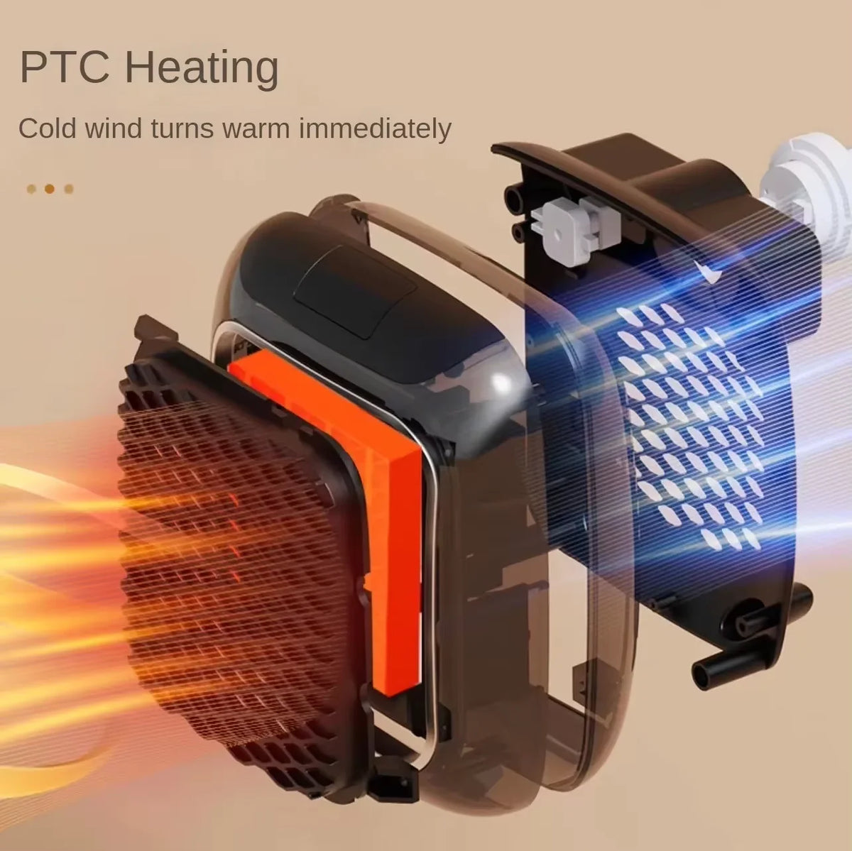 Cutaway view of the PTC ceramic heating element and fan that turns cold air warm immediately