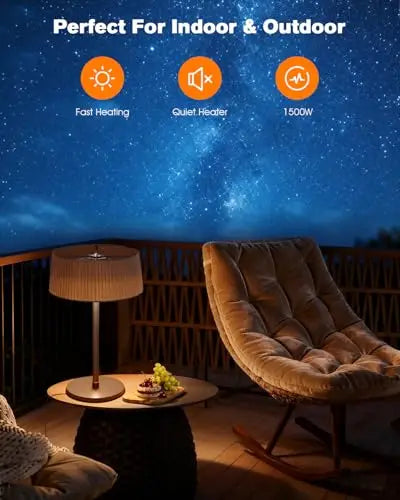 Bronze tabletop patio heater on a terrace at night, with fast heating and quiet operation at 1500W