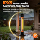 IPX5 water-resistant patio heater with aluminium alloy frame, suitable for rain and splashes