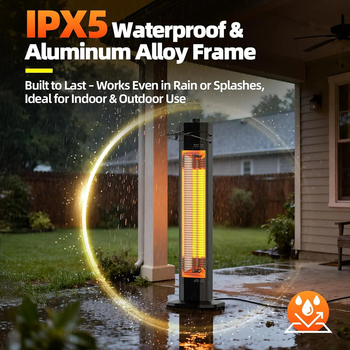 IPX5 water-resistant patio heater with aluminium alloy frame, suitable for rain and splashes