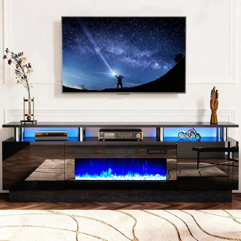 Double-tier black electric fireplace TV stand with LED lights