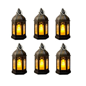 Six vintage black Moroccan mini lanterns with LED candles