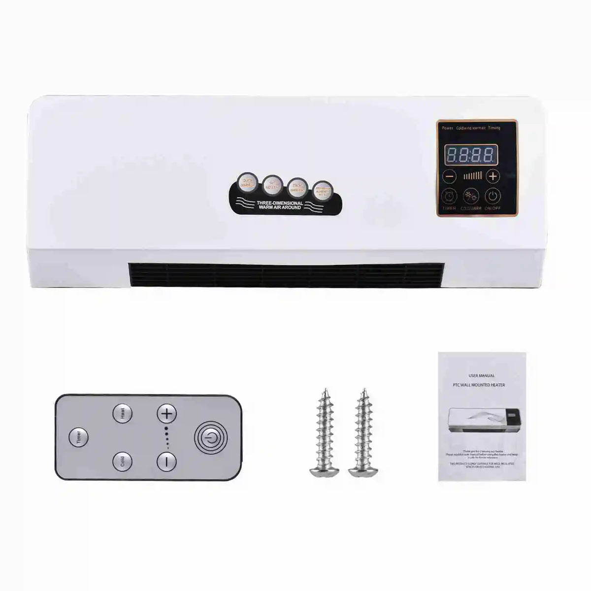 Wall-mounted fan heater shown with its dimensions of 21.65 by 7.09 by 3.15 inches