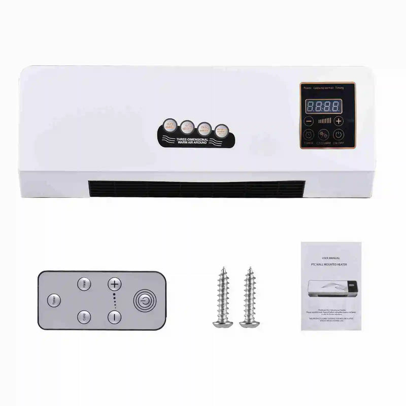 Wall-mounted fan heater shown with its dimensions of 21.65 by 7.09 by 3.15 inches
