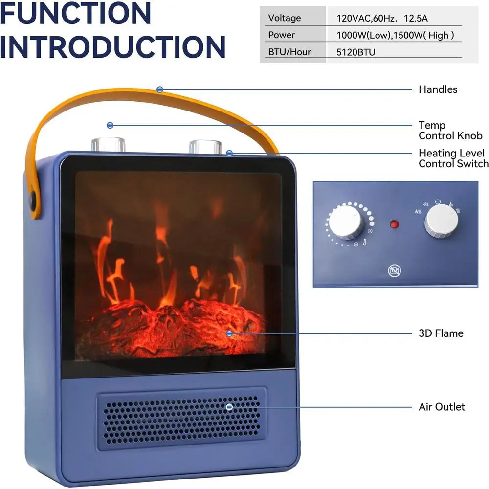 Blue portable electric fireplace space heater with 3D flame effect, view 5