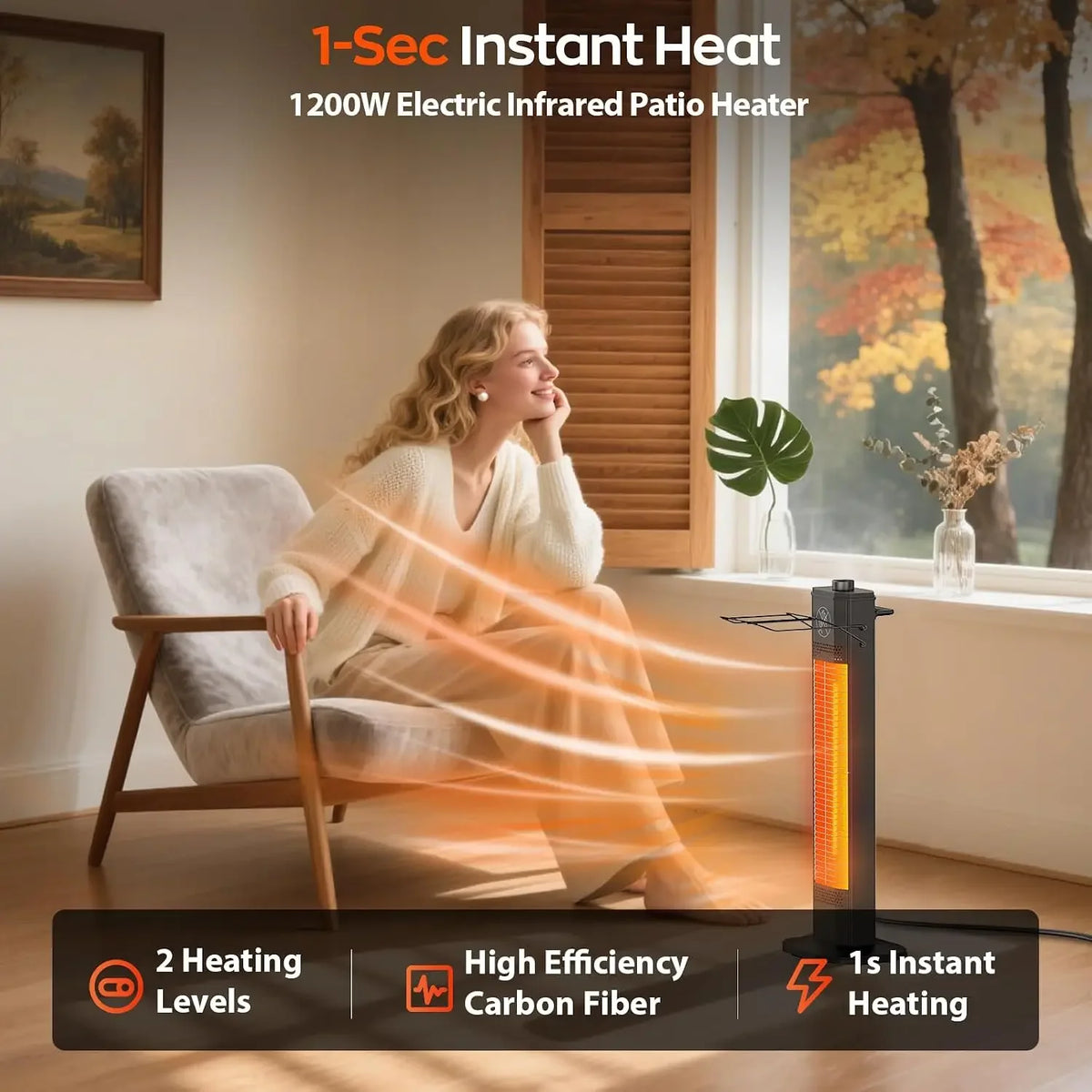 27-inch 1200W infrared patio heater tower, view 2