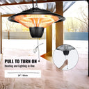 Hanging patio heater operated by its pull cord, with the 24-inch chain shown
