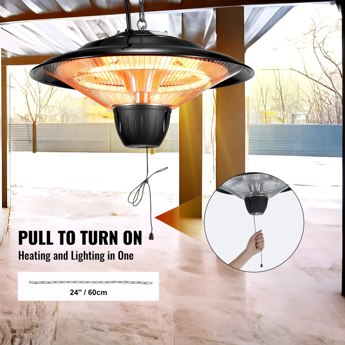 Hanging patio heater operated by its pull cord, with the 24-inch chain shown