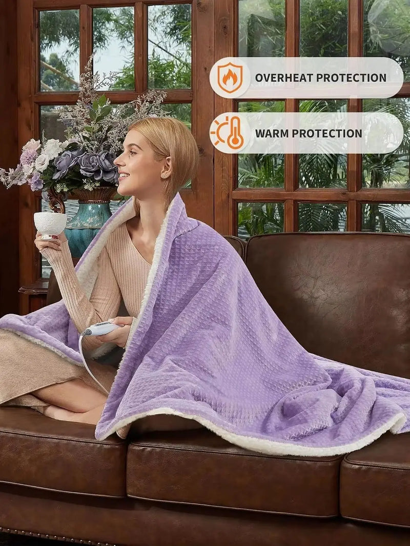 Sherpa heated blanket in use on a sofa