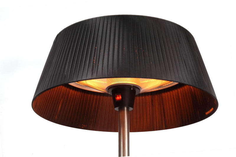 Close view of the freestanding patio heater's shade with the infrared element glowing