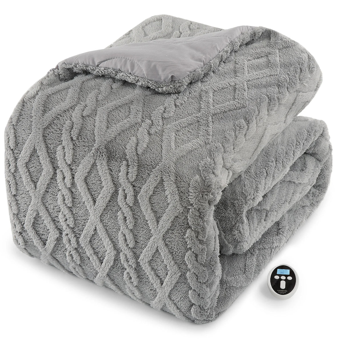 Grey heated comforter folded with its wireless LCD controller