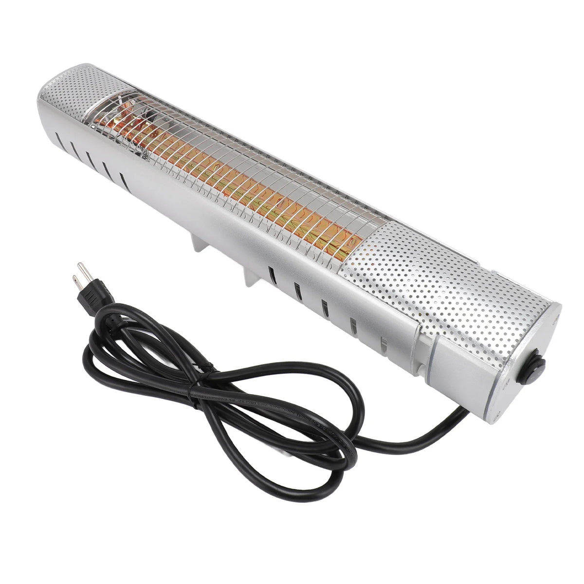 Infrared patio heater shown at an angle with its US plug and power cord