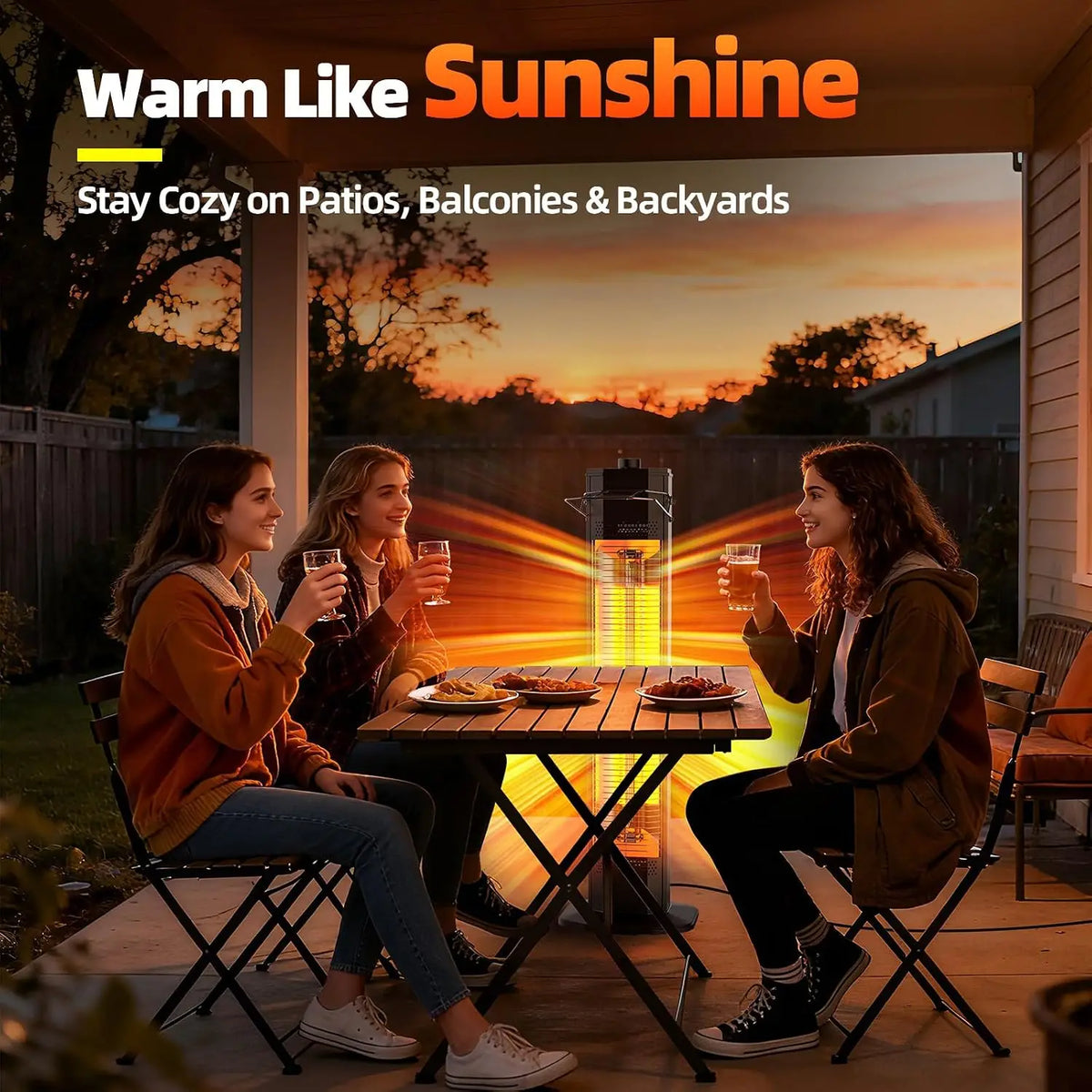 Standing patio heater keeping a couple warm on a patio at dusk