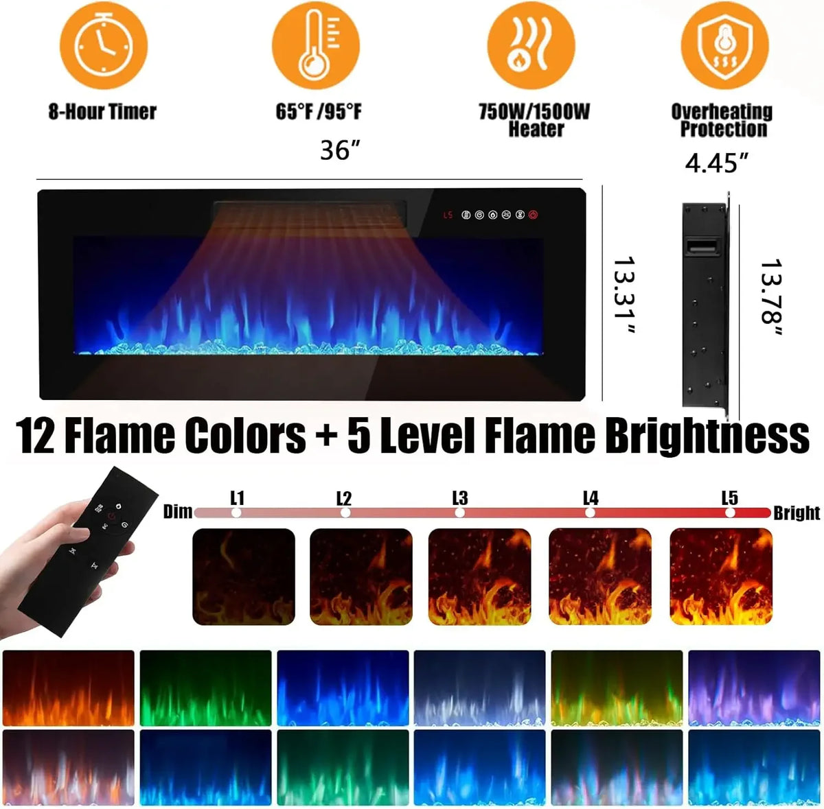 36 inch electric fireplace insert specifications for the TV stand