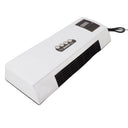 Wall mounted electric heater shown from the front with its digital display and controls