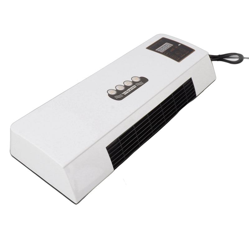 Wall mounted electric heater shown from the front with its digital display and controls