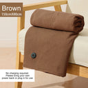 Brown USB heated shawl wrap draped over an armchair with its control button visible