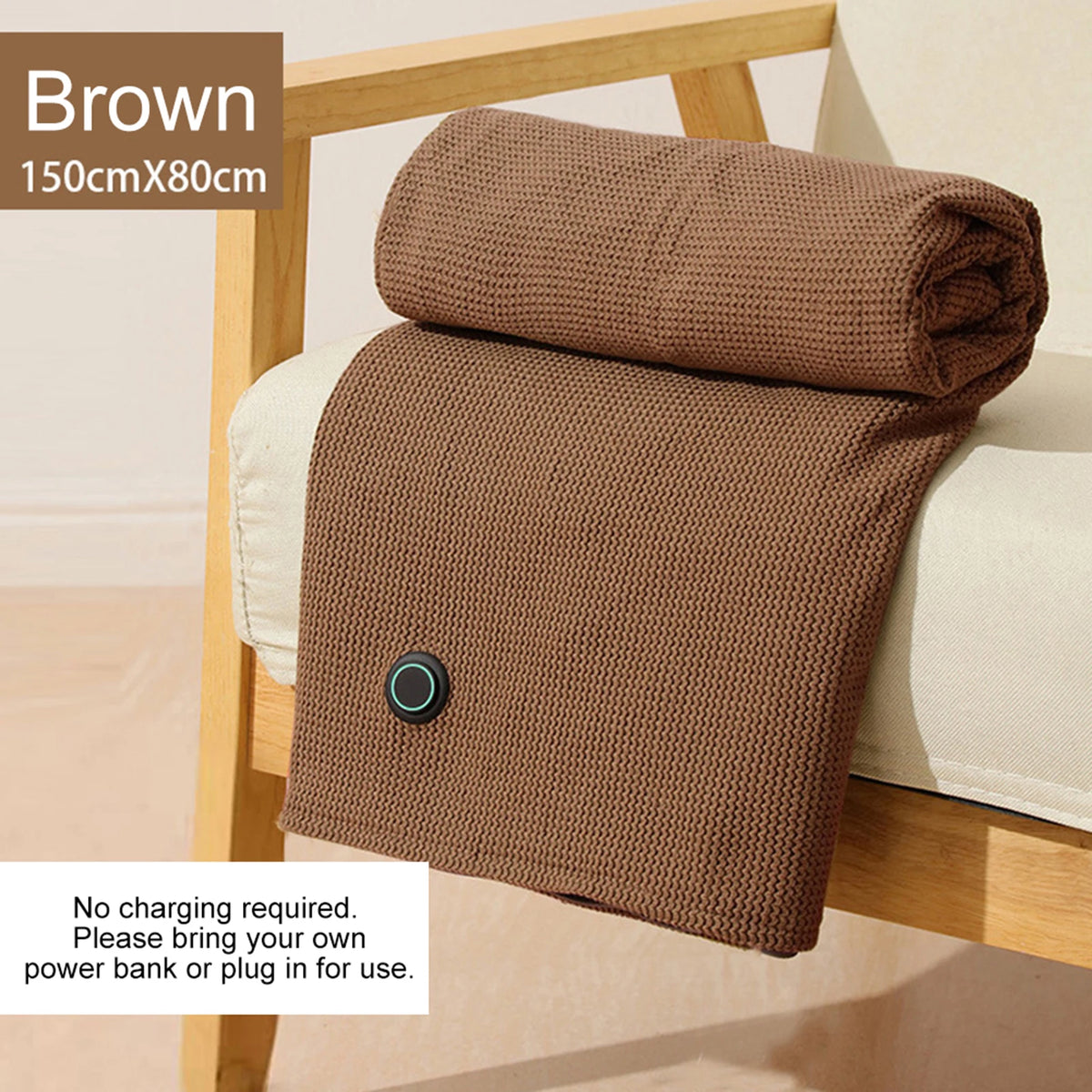 Brown USB heated shawl wrap draped over an armchair with its control button visible