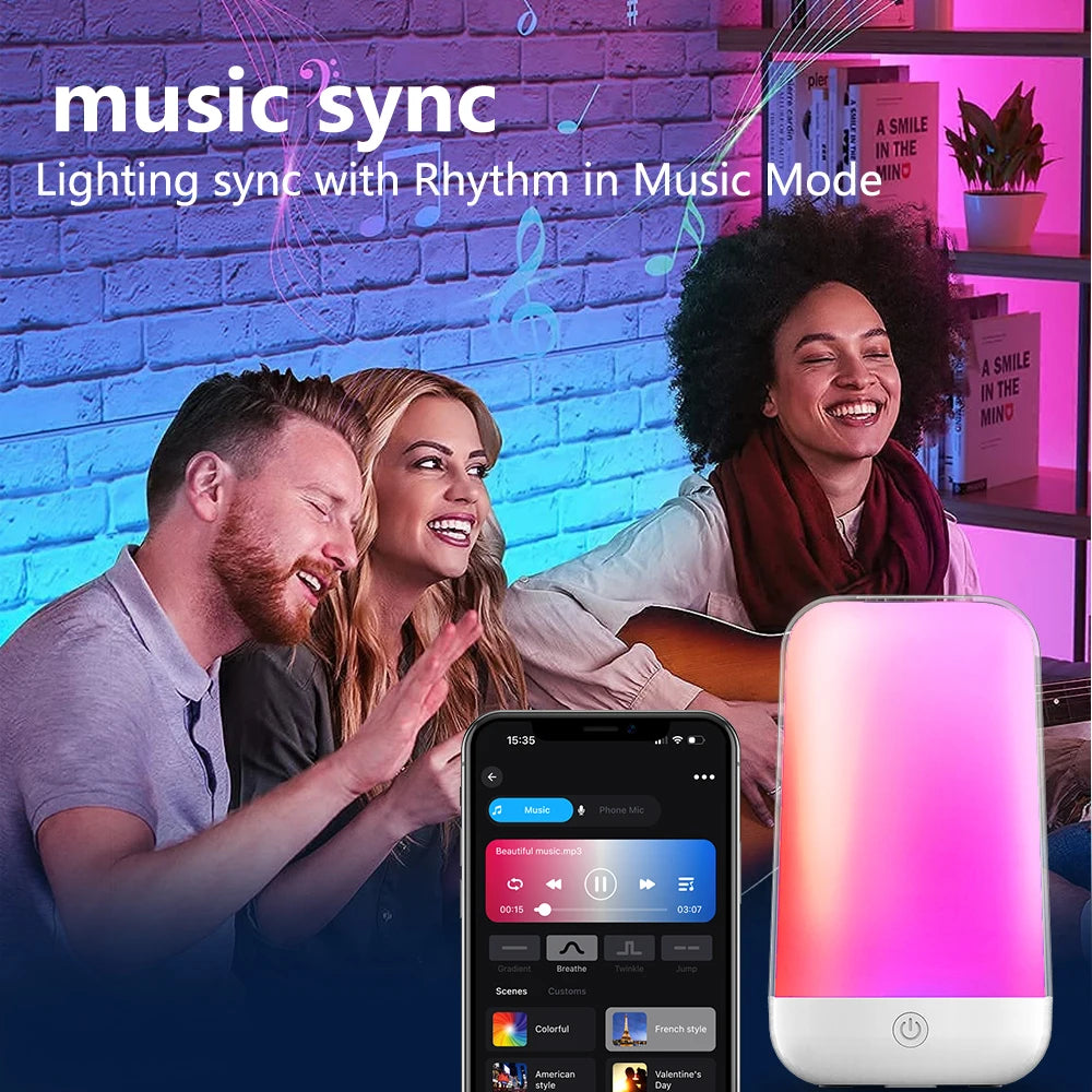 Bedside lamp in music sync mode, changing colour in time with music