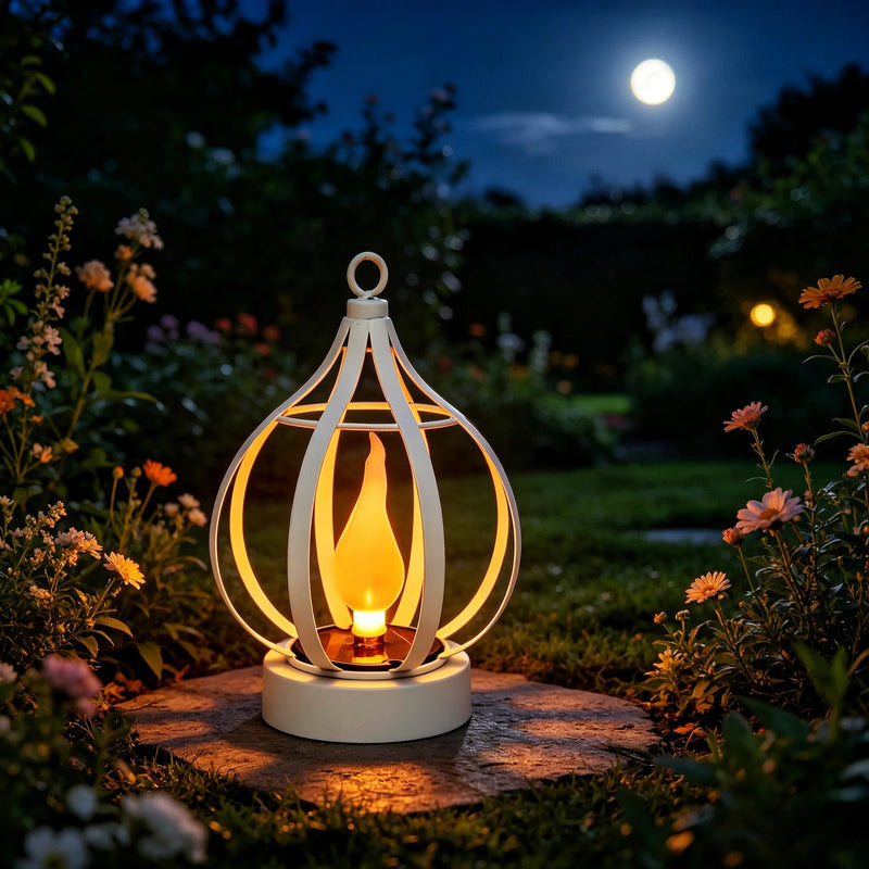 White solar hanging lantern with flame-effect LED
