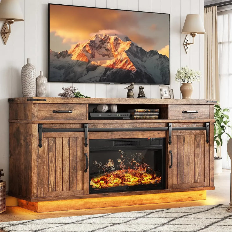 58 Inch Electric Fireplace TV Stand, Farmhouse Media Console Entertainment Center, Storage Cabinets for Living Rooms