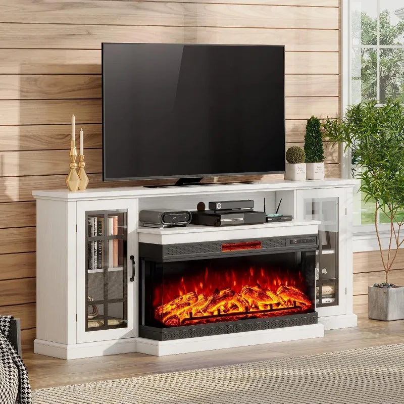 Rustic 3-sided glass fireplace TV stand for 85 inch TV