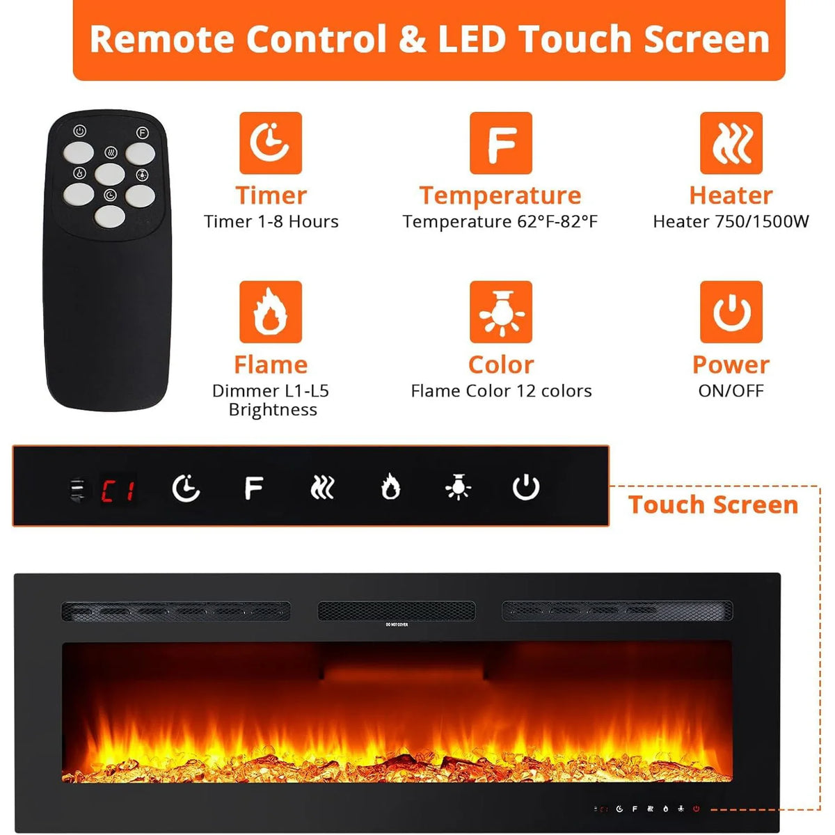 Linear electric fireplace remote control and touch screen functions