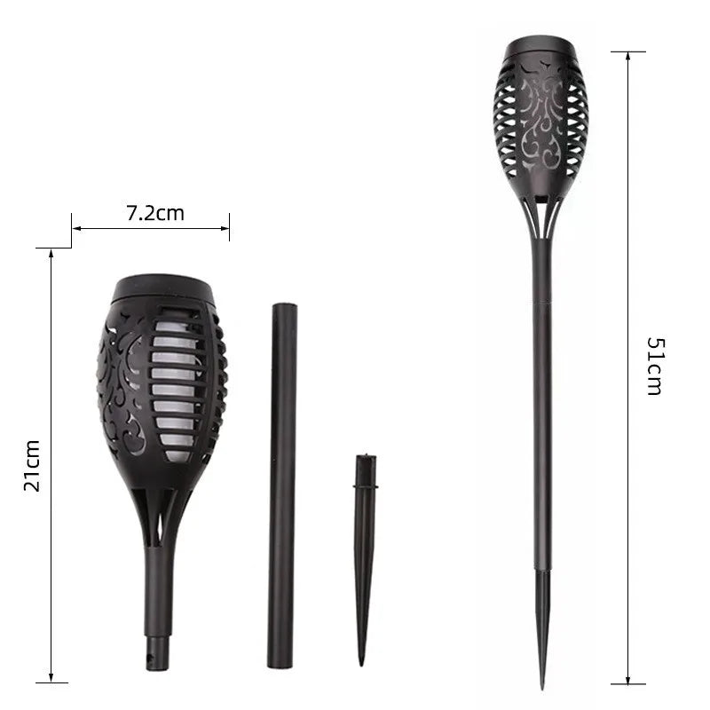 Dimensions of the solar flame torch: 21cm head, 51cm assembled height, 7.2cm wide