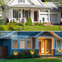 Solar flame torches lining a front path, charging by day and lighting 8 to 10 hours after dark